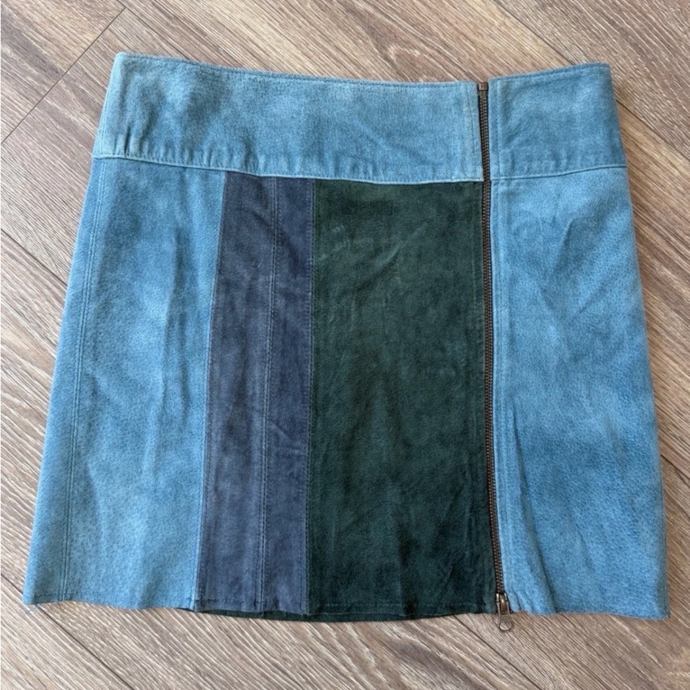 PJK Patterson J Kincaid Suede Leather Mini Skirt XS Color Block Green Blue Y2K